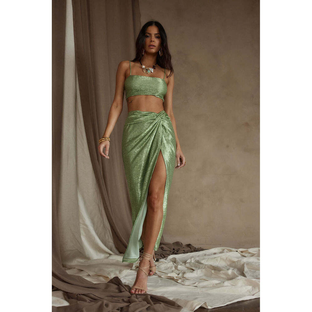 12th Tribe Toulouse Metallic Sage Maxi Skirt Size L